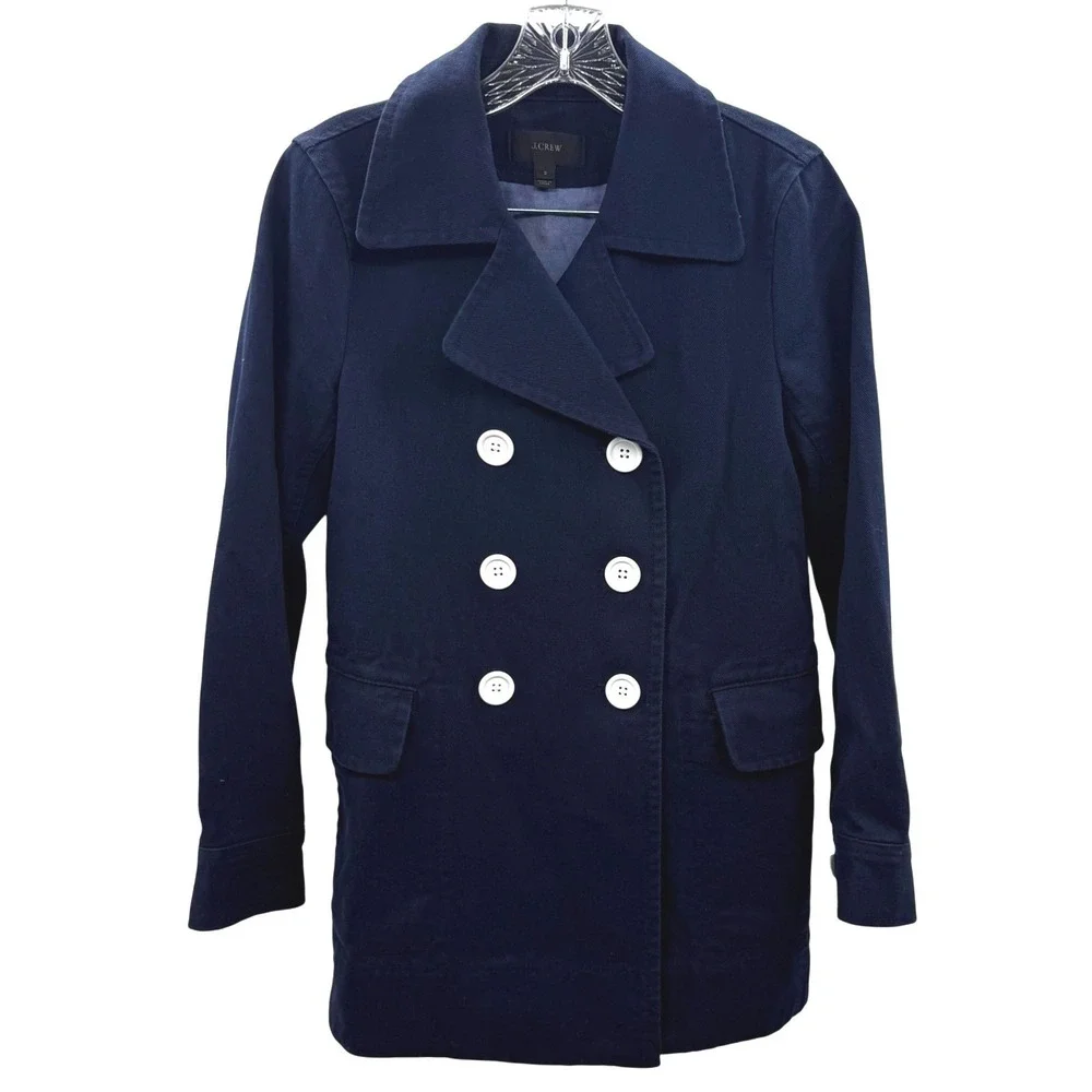 J.Crew Navy Cotton Twill Nautical Pea Coat Jacket Double Breasted Size 2 Pockets - Picture 2 of 13